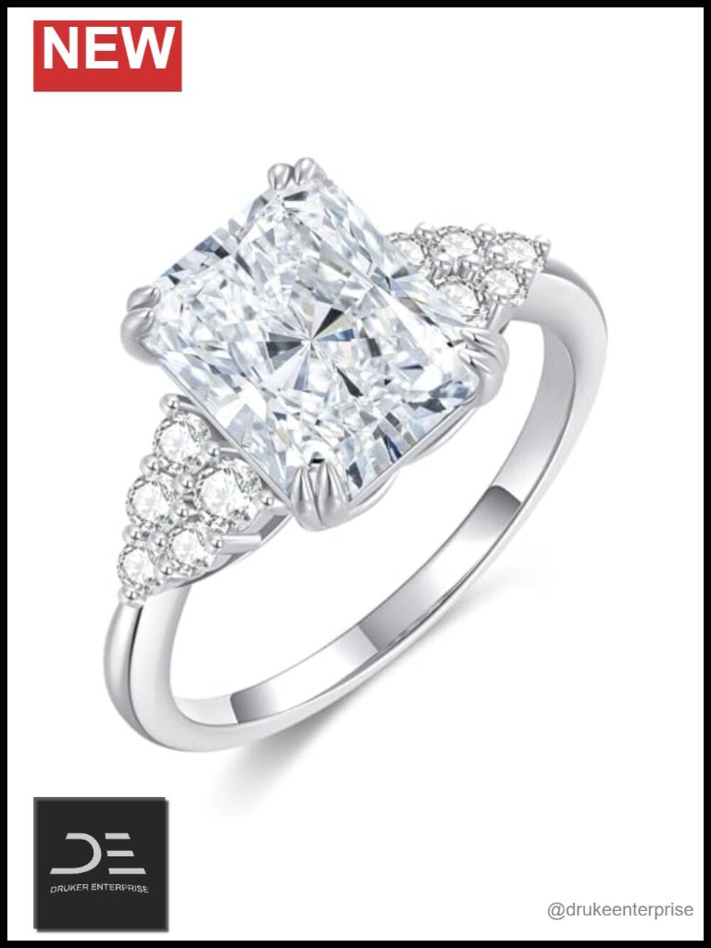 4CT Radiant Cut Moissanite Engagement Ring White Gold Plated